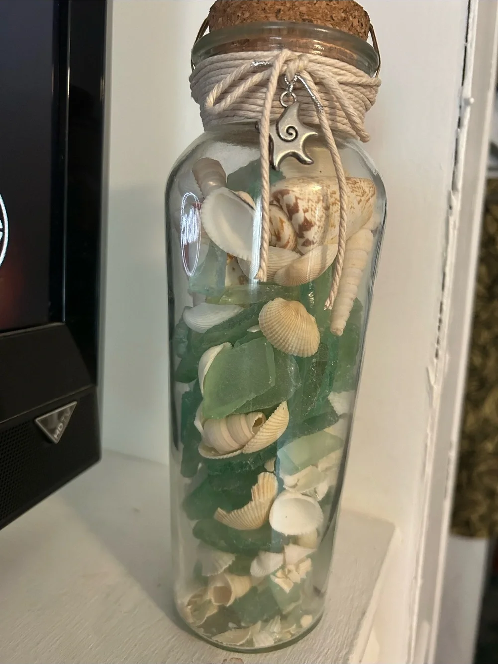NWT COASTAL Sea Glass & Shell Accent Jar with Charm, Cork Stopper and Cord